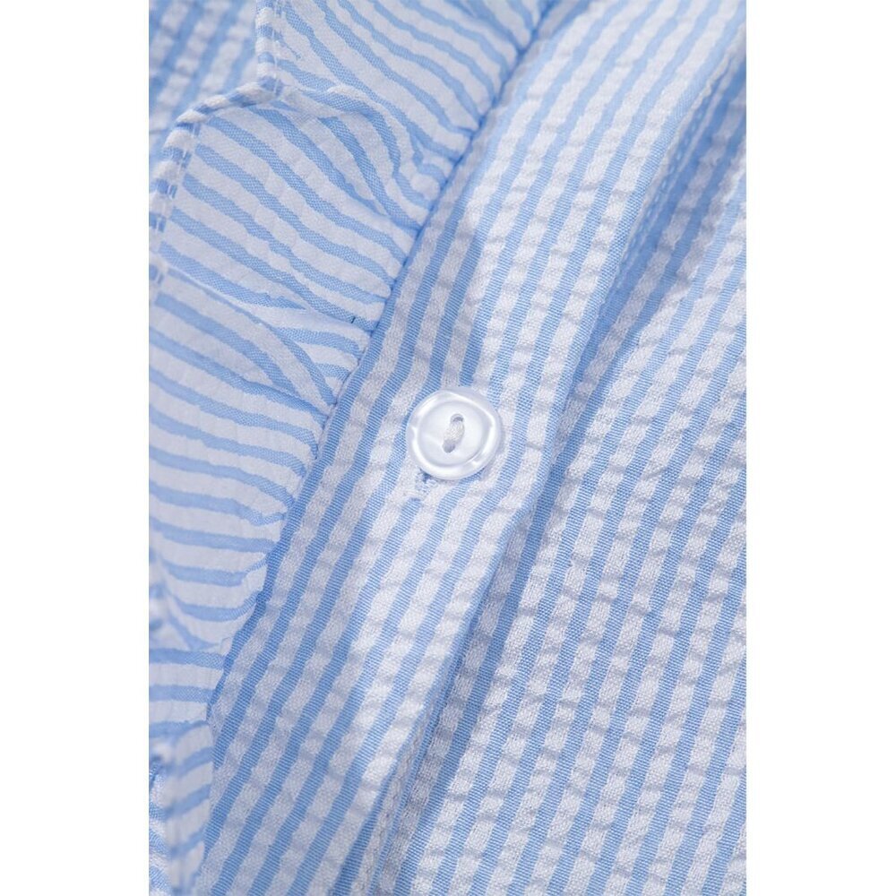 Women's Striped Button Down Shirt Casual Work Top Ruffle Stand Collar - Picture 8 of 8